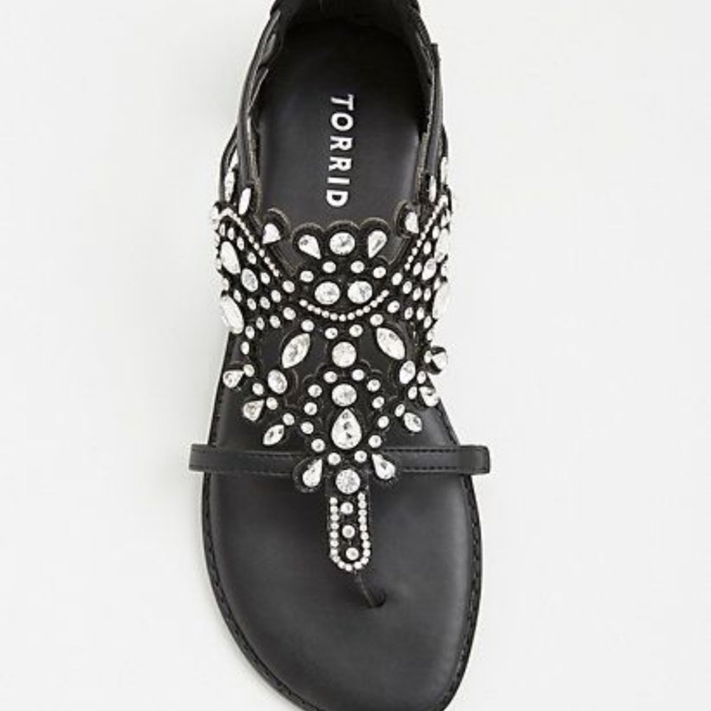 TORRID BLACK GEMSTONE T-STRAP SANDALS (WIDE WIDTH) 9.5W